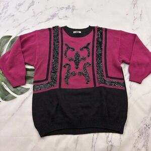 All Points Womens Vintage 90s Pullover Sweater Size M Pink Black Floral Sequins
